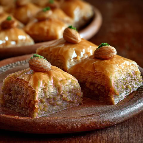 Une plaque de pâte filo avec des garnitures de noix et de sauce.