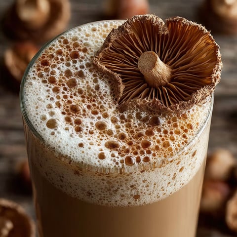 Un cappuccino avec une poignée de champignons et une poignée de noix de cajou.
