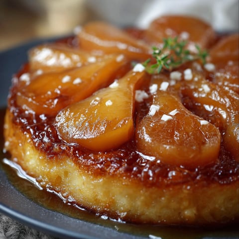 Une tarte tatin aux poires, recette traditionnelle, est servie sur un plateau.