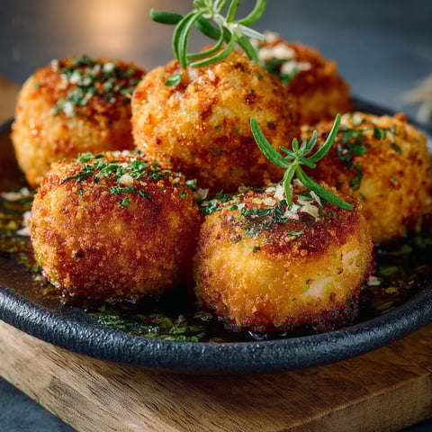 Une plaque de croquettes de risotto, garnies de herbes et de sauce, est servie sur une table.