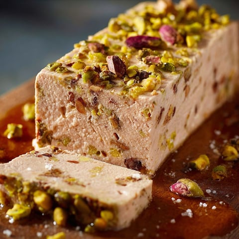 Une terrine de foie de volaille aux pistaches est servie sur un plateau.