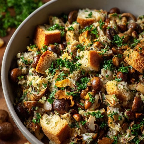 Un plat de farce aux champignons et noisettes pour Dinde de Noël.