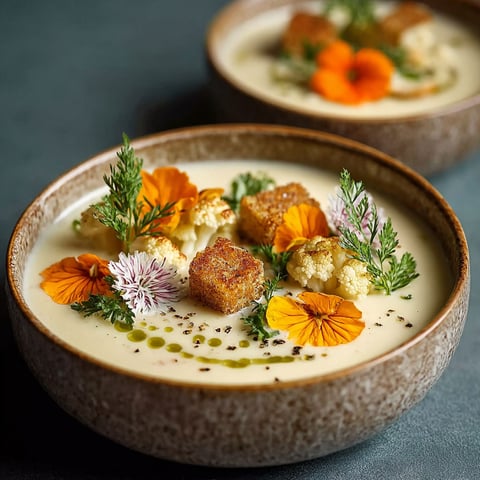 Une soupe crémeuse avec des légumes et des croutons, accompagnée d'une herbe verte, est servie dans un bol.