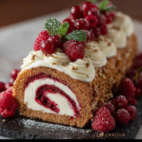 Une bûche de noël chocolat et raspberry, garnie de framboises et de mousse au chocolat.