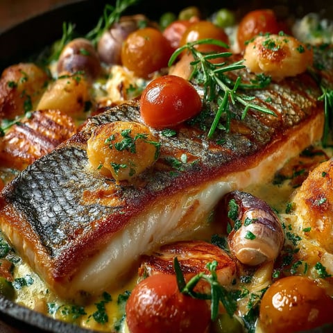 Une cassolette de poissons savoureuse et gourmande, faite maison avec des tomates, des oignons, des herbes et des légumes.
