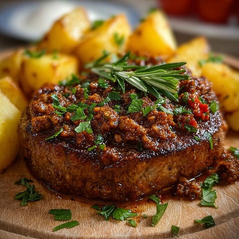 Une viande hachée accompagnée de pommes de terre et de herbes, ce qui est un plat délicieux et nutritif.