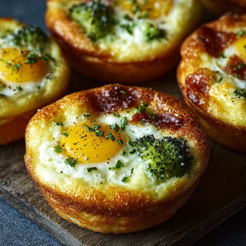 Des bouchées d'œufs au brocoli et cheddar avec fromage cottage sur une planche de bois.