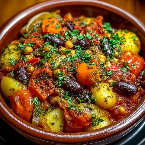 Un Tajine de Légumes Mijoté est un plat de légumes mijotés dans une casserole en terre.