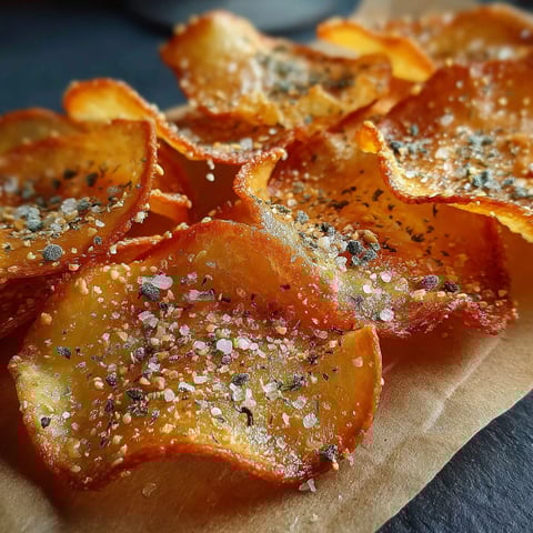 Une pile de tuiles salées, également appelées chips, sur une feuille de papier.