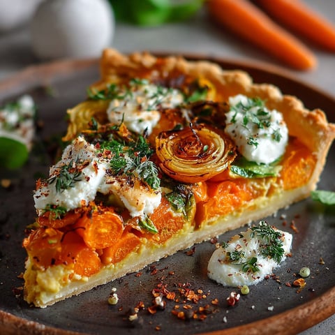 Une tarte carottes chèvre fondante est servie sur un plateau.