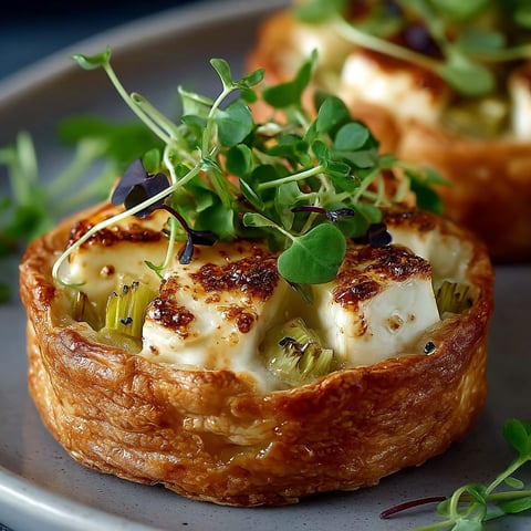 Une tartelette poireaux brie brick est servie sur un plateau.