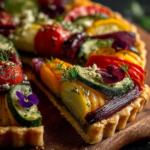 Une tarte gourmande légumes frais, avec des légumes tels que des courgettes, des poivrons et des tomates, est servie sur un plateau.