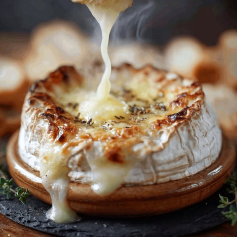 Une tasse de fondue de camembert, avec du fromage fondu qui coule et une pâte brûlée qui enveloppe le dessert.