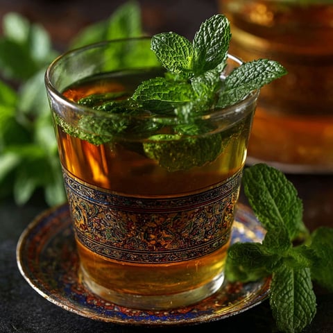 Une tasse de thé à la menthe est servie sur un plateau coloré.