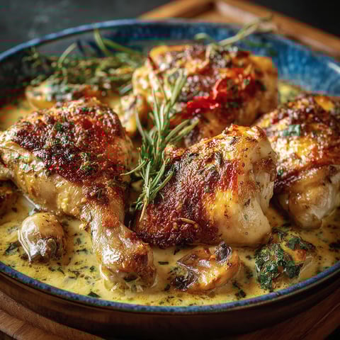 Plate of chicken with herbs and sauce, recipe name: blanquette poulet bleu Auvergne.