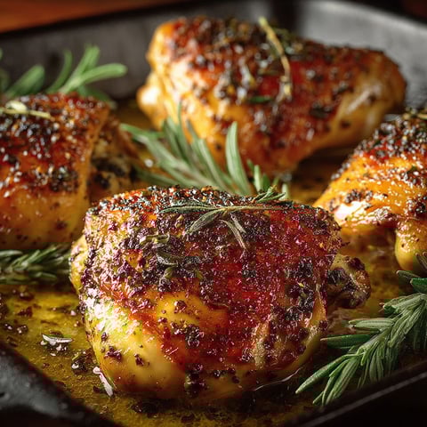 Chicken thighs cooked in a pan with herbs and spices, ready to be served with a side of rice or vegetables.