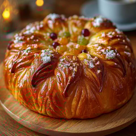 Une brioche des Rois Provençale Fleur est servie sur une table avec une tasse de café.