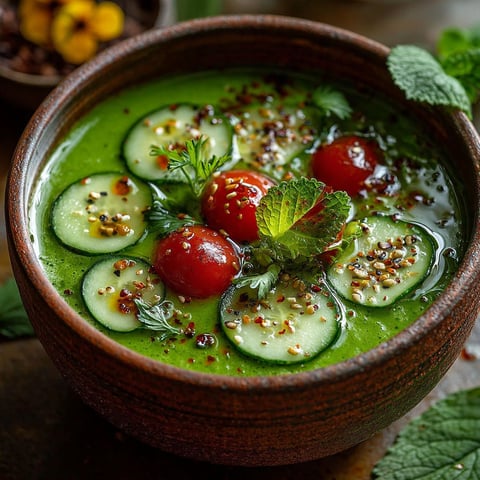 Une assiette de gaspacho vert végétalien rafraîchissant, remplie de cucumbers, tomates, et herbes fraîches.