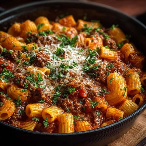 Une recette de Sauce au Rôti de Bœuf et Rigatoni est servie dans un bol en fonte.