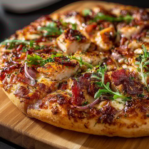 Une pizza BBQ avec des poulets et du bacon.