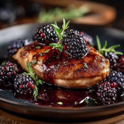 Un plat élégant de poulet sauce au chocolat et garnit de baies de mûres.