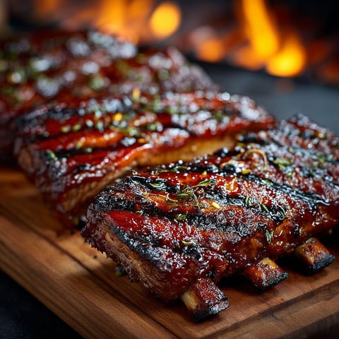 Travers de Bœuf au BBQ, grillés et saucés, présentés sur un plateau de bois.