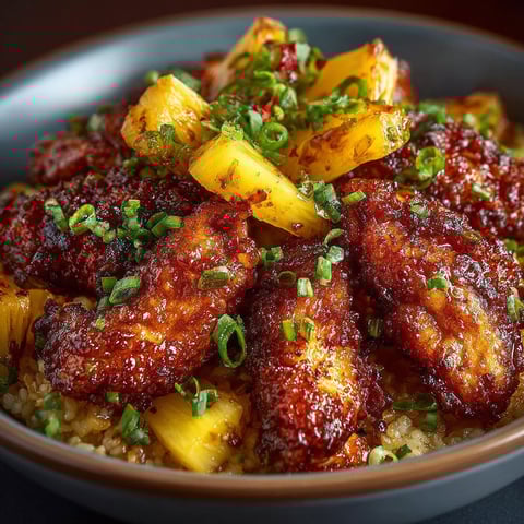 Une assiette de poulet frit avec des ananas et du bacon.