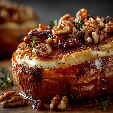 Une patate douce avec des noix et des érables, accompagnée de fromage brie.