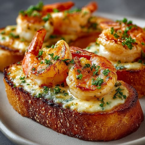 Une tranche de pain grillé avec des crevettes et du fromage.