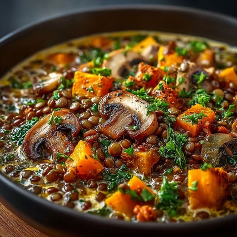 Un plat de ragoût forestier lentilles potiron avec des légumes et des champignons.