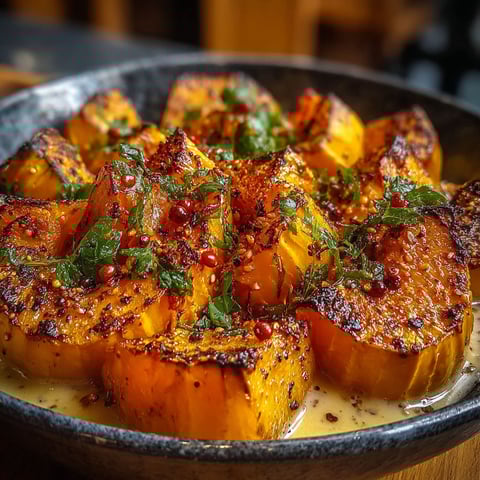 Une assiette de potimarron rôti avec une sauce citronnelle.