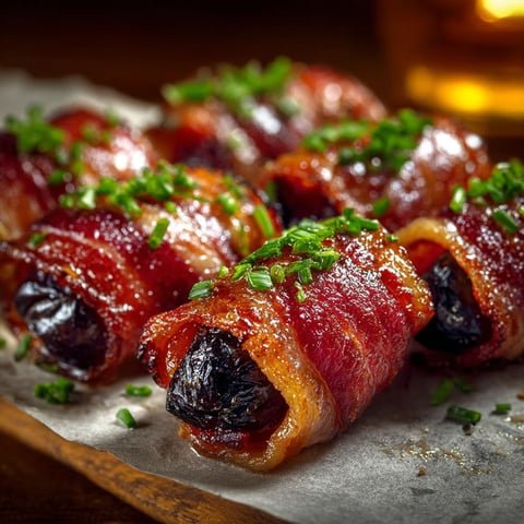 Des pruneaux bardés lard fumé, cuits et garnis d'épinards, sont présentés sur une plaque de carton.