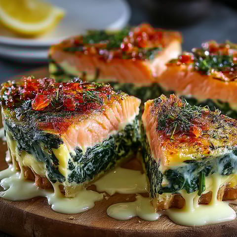 Des morceaux de flan saumon et épinards citron sont présentés sur une planche de bois.