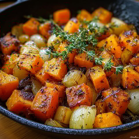 Une poêlée de patates douces et oignons, avec des herbes fraîches pour une saveur supplémentaire.