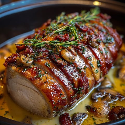 Un roti de dinde forestier cocotte est servie dans un bol.