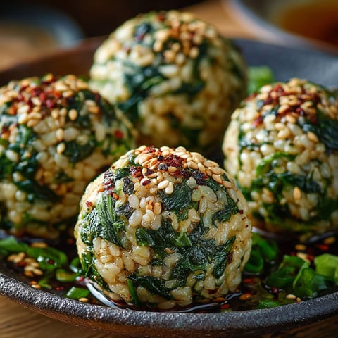 Boulettes de riz épinards sésame dans un bol.