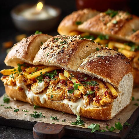 Un sandwich Poulet Frites Marocain est présenté sur une planche de bois.