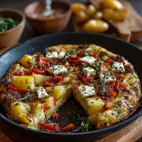 Une tortilla espagnole aux poivrons et fromage facile, prête à être servie.