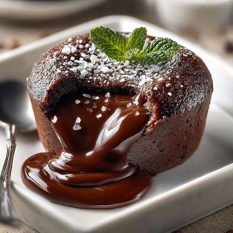 Une tarte chocolat coulant avec des herbes fraîches sur le dessus.