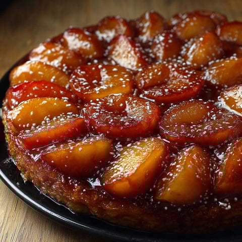 Une tarte tatin parfaite aux pommes, recette traditionnelle, est servie sur un plateau en bois.