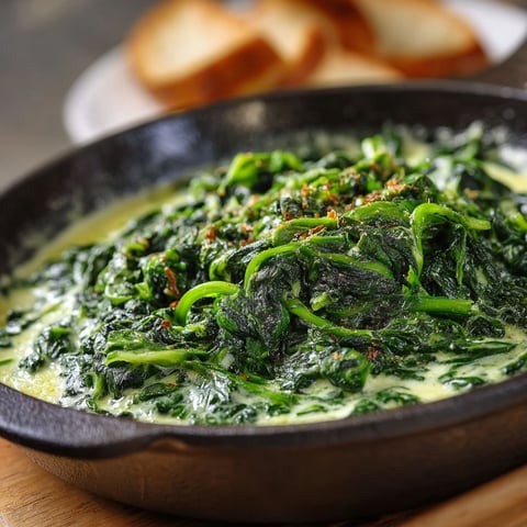 Une casserole d'épinards à la crème maison est servie sur un plateau.