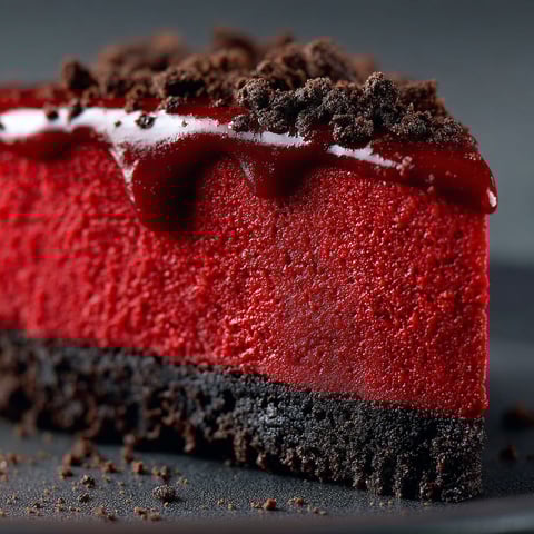 Une tranche de cheesecake rouge vampire sur une plaque noire.