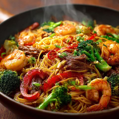 Une assiette de nouilles huile pimentée cacahuète avec des légumes verts et des fruits de mer.