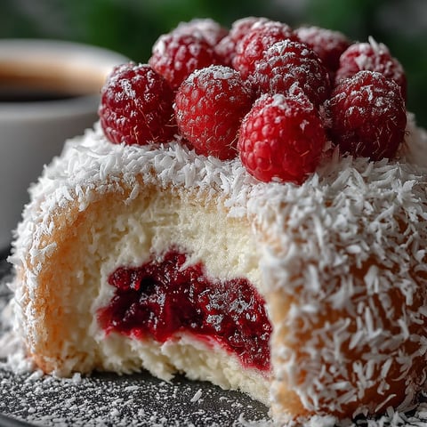 Un gâteau de boule de neige aux noix et au coco, garnie de framboises, est servie sur un plateau.