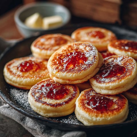 Une plaque de mini pancakes moelleux faciles, garnis de jus de fruits, est prête à être servie.