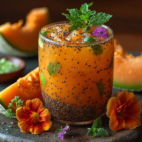 Une tasse d'aguafresca cantaloupe chia mexicaine est servie sur un plateau avec des fruits et des herbes fraîches.