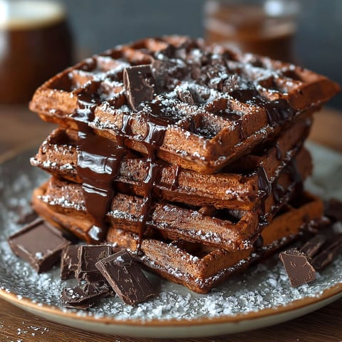 Une pile de gaufres chocolat sur un plateau, avec des morceaux de chocolat sur les gaufres.