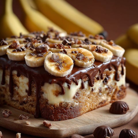 Un gâteau Banane Beurre de Cacahuète est présenté sur une table avec des bananes et des noix de cacahuète.