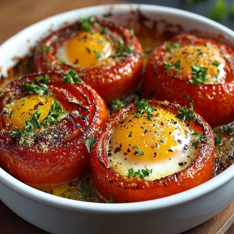 Une assiette de tomates farcis avec des œufs cocottes et des piments.
