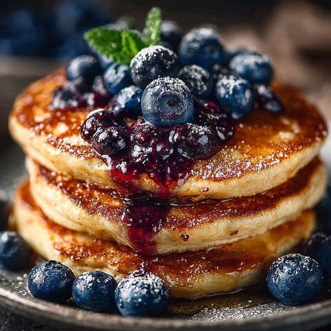 Pancakes protéinés aux myrtilles, garnis de myrtilles fraîches et de miel, présentés sur un plateau en métal.